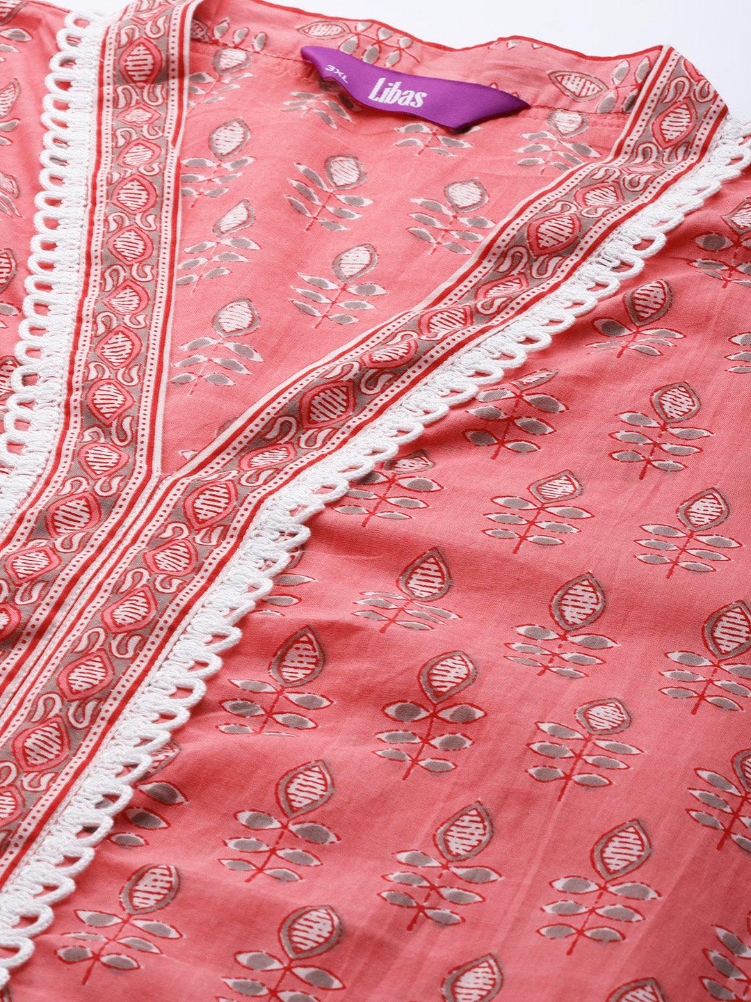 Plus Size Pink Printed Cotton Straight Kurta With Palazzos & Dupatta