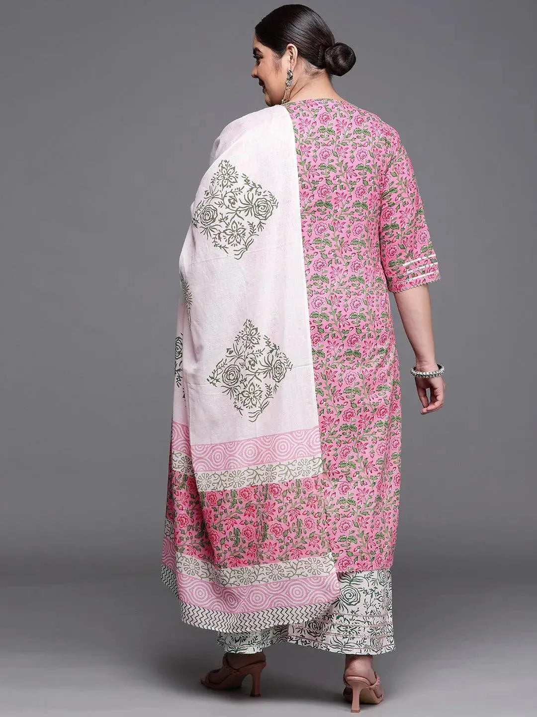 Plus Size Pink Printed Cotton Suit Set - Libas