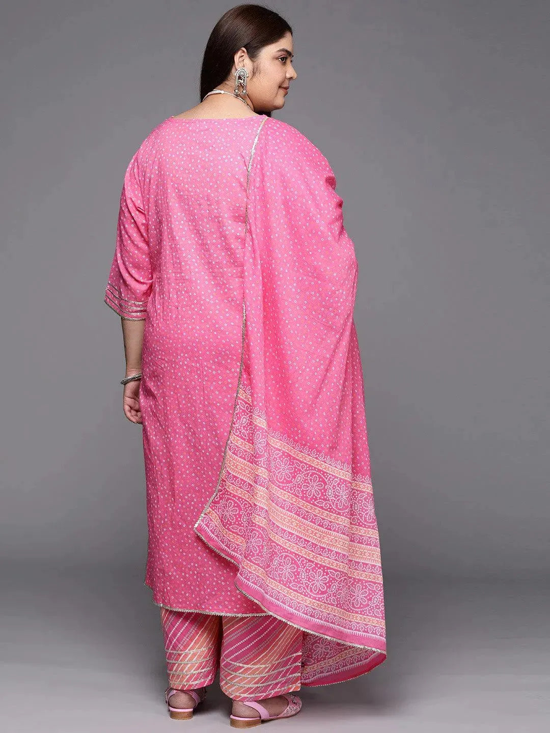 Plus Size Pink Printed Cotton Suit Set With Palazzos - Libas 