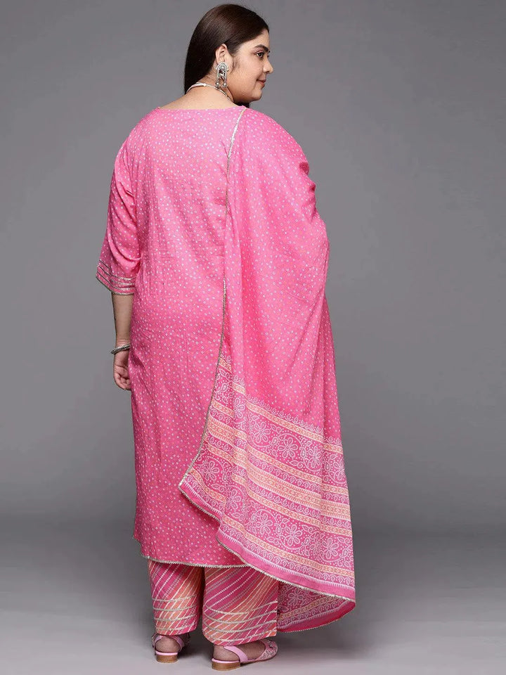 Plus Size Pink Printed Cotton Suit Set With Palazzos - Libas