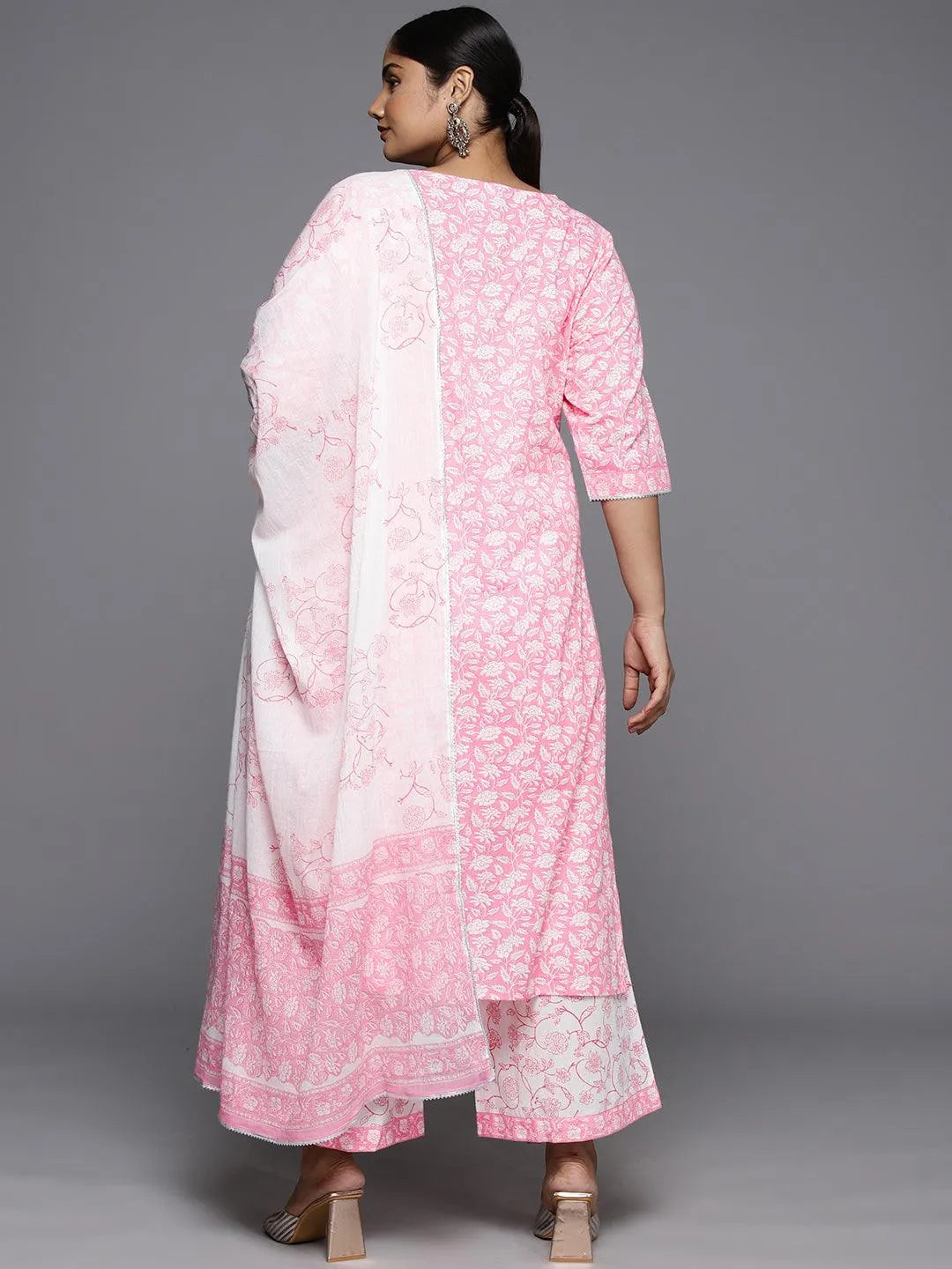 Plus Size Pink Printed Cotton Straight Kurta With Palazzos & Dupatta - Libas