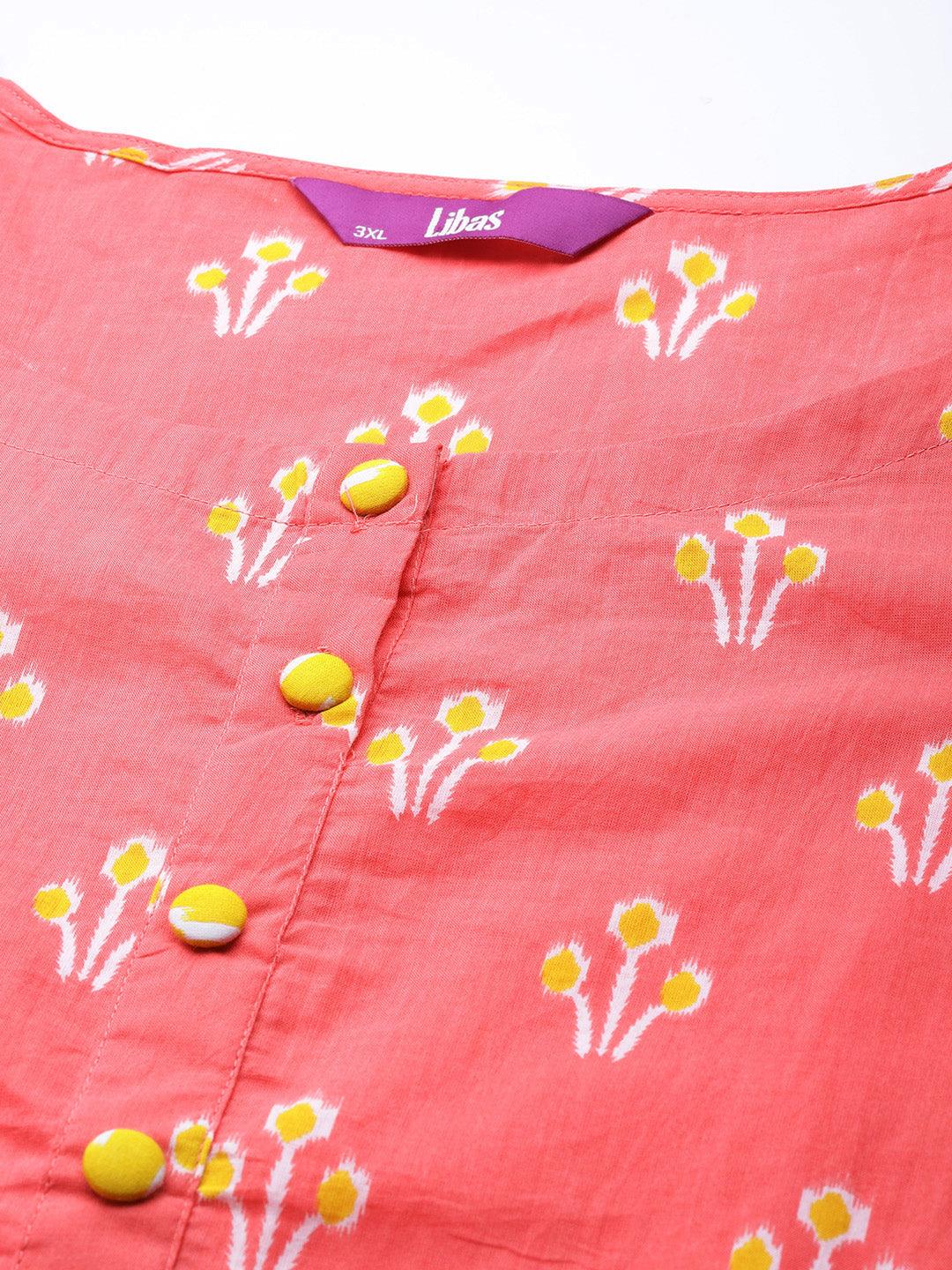 Plus Size Pink Printed Cotton Straight Kurta With Palazzos & Dupatta