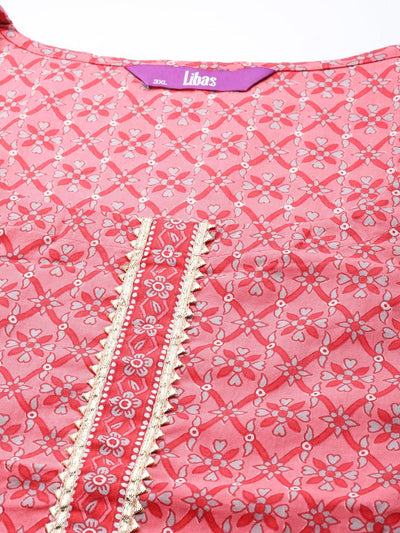 Plus Size Pink Printed Cotton Suit Set - Libas