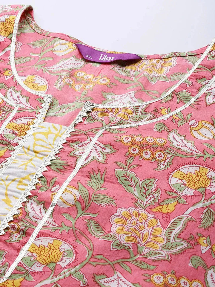 Plus Size Pink Printed Cotton Suit Set - Libas