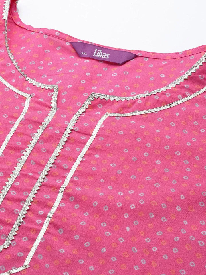 Plus Size Pink Printed Cotton Suit Set With Palazzos - Libas