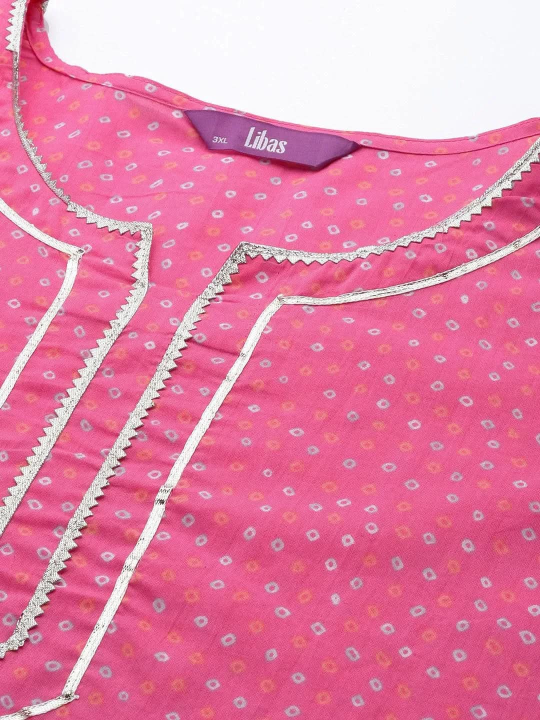 

Plus Size Pink Printed Cotton Straight Kurta With Palazzos & Dupatta