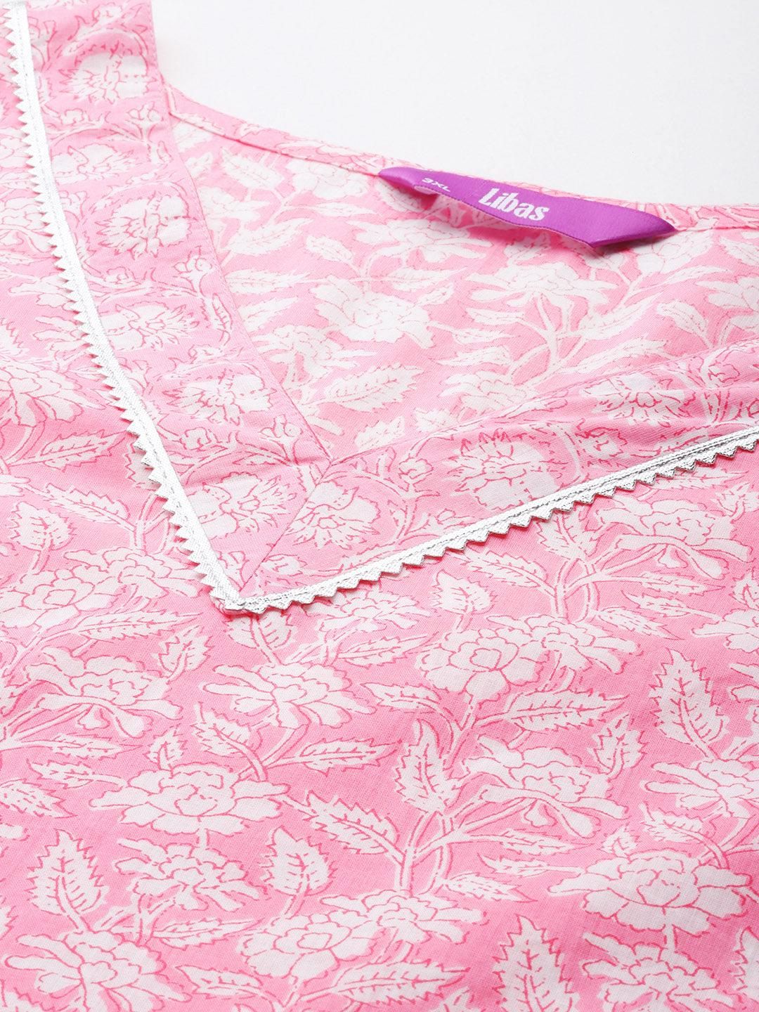 Plus Size Pink Printed Cotton Straight Kurta With Palazzos & Dupatta - Libas