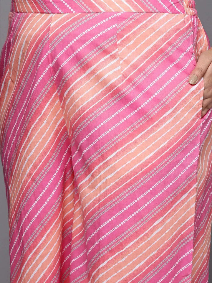 Plus Size Pink Printed Cotton Suit Set With Palazzos - Libas