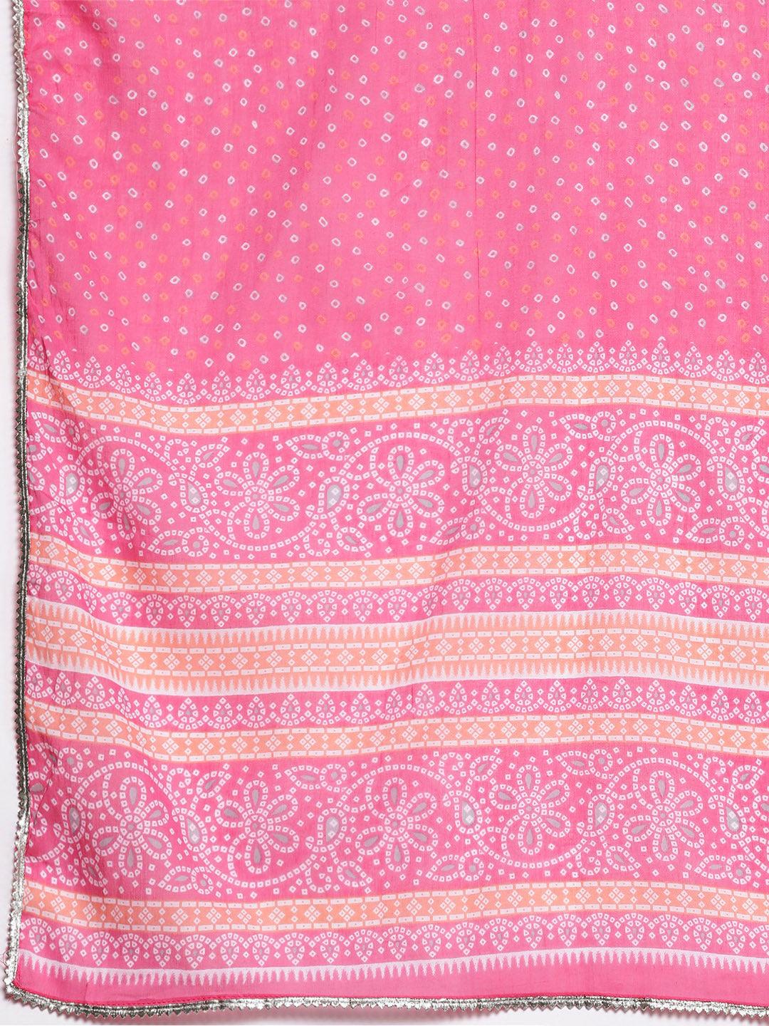 Plus Size Pink Printed Cotton Suit Set With Palazzos - Libas