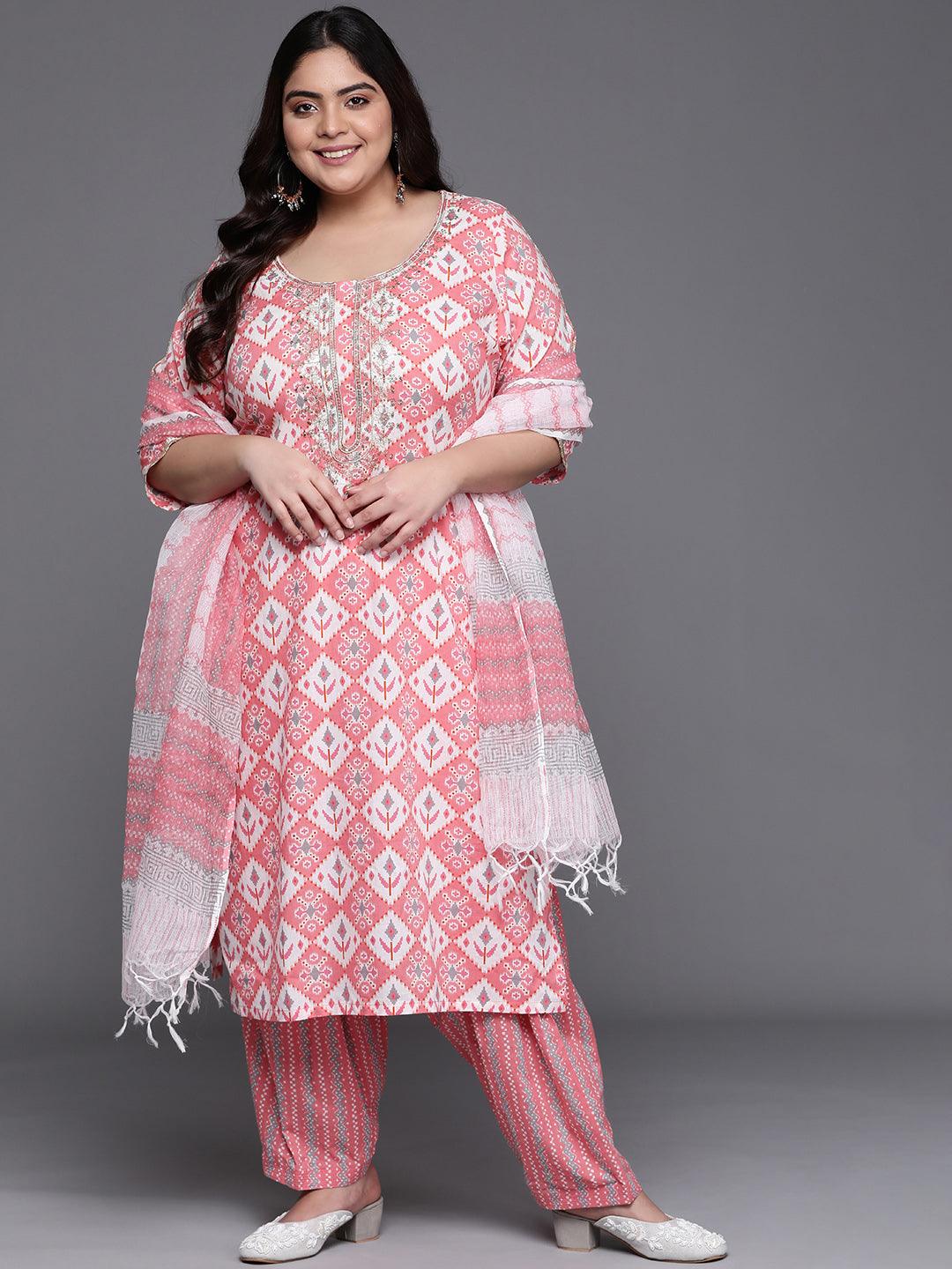 Plus Size Pink Printed Cotton Straight Kurta With Salwar & Dupatta