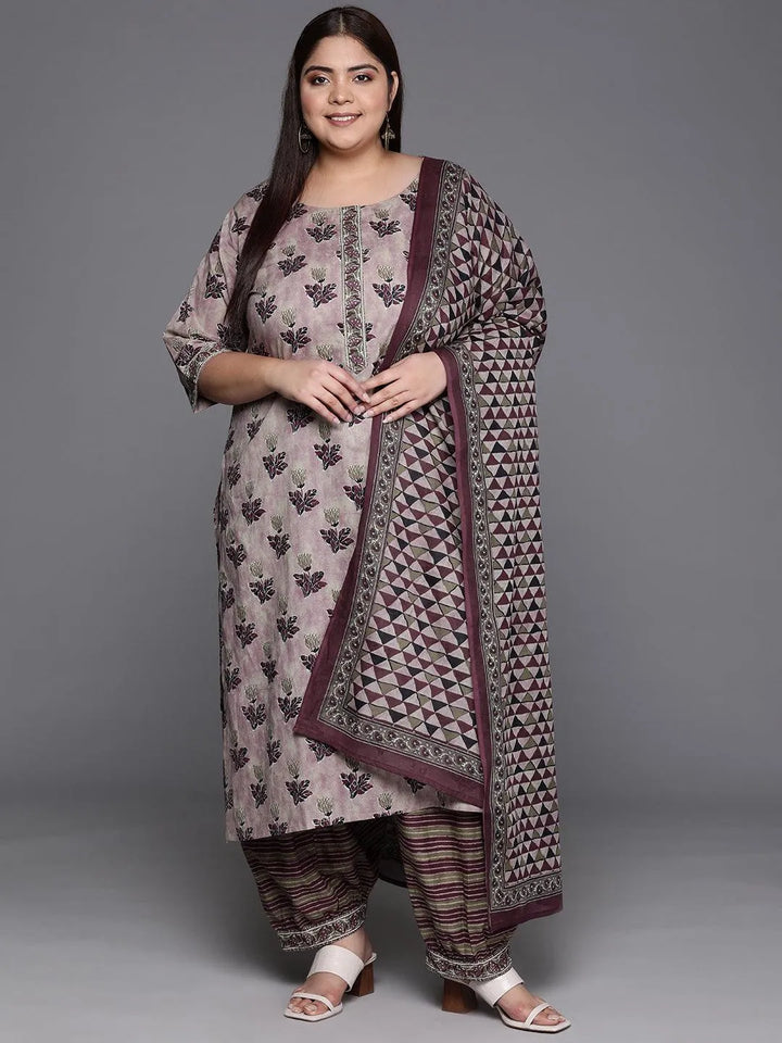 Plus Size Pink Printed Cotton Straight Kurta With Salwar & Dupatta - Libas