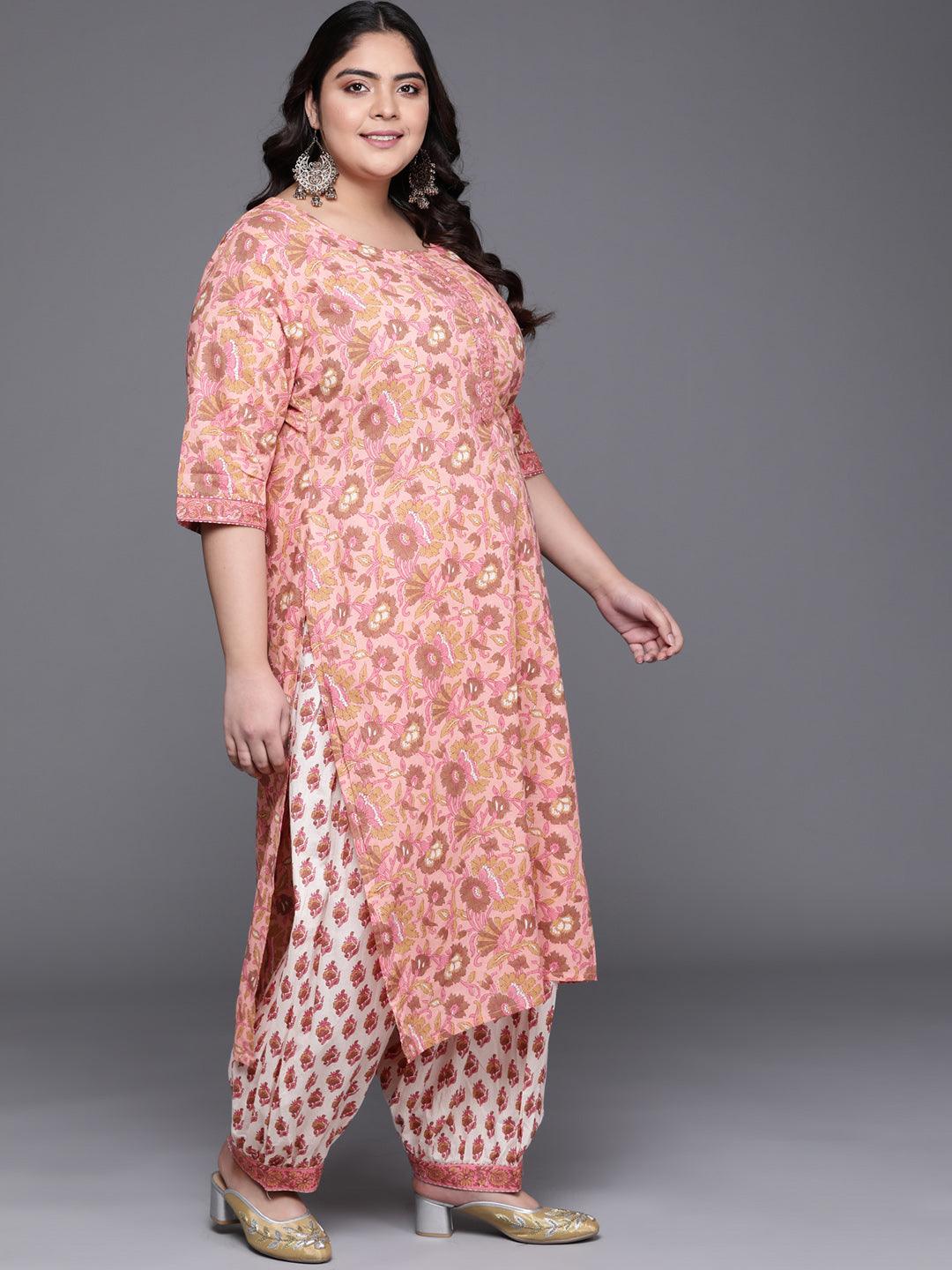 Plus Size Pink Printed Cotton Straight Kurta With Salwar & Dupatta