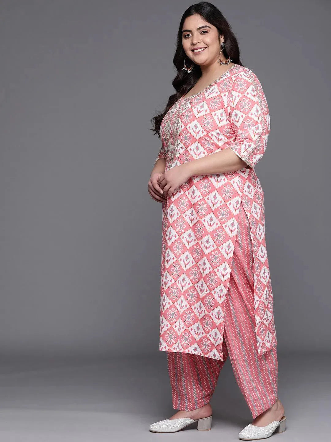 Plus Size Pink Printed Cotton Suit Set - Libas 