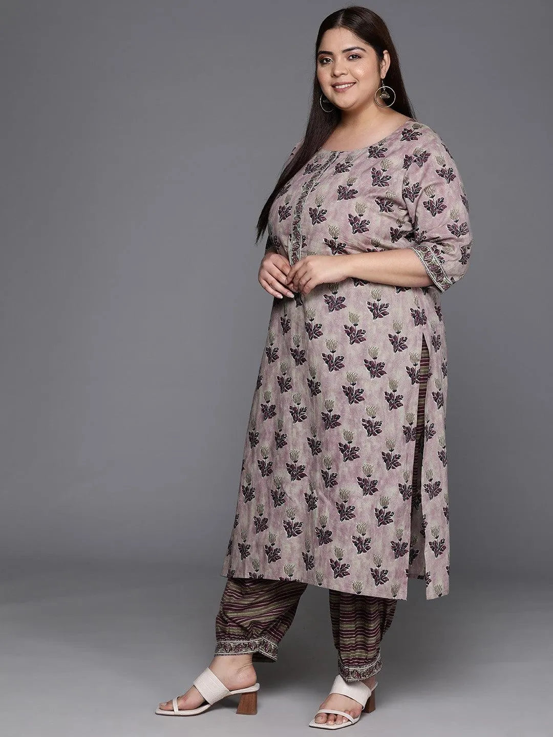 Plus Size Pink Printed Cotton Straight Kurta With Salwar & Dupatta - Libas 