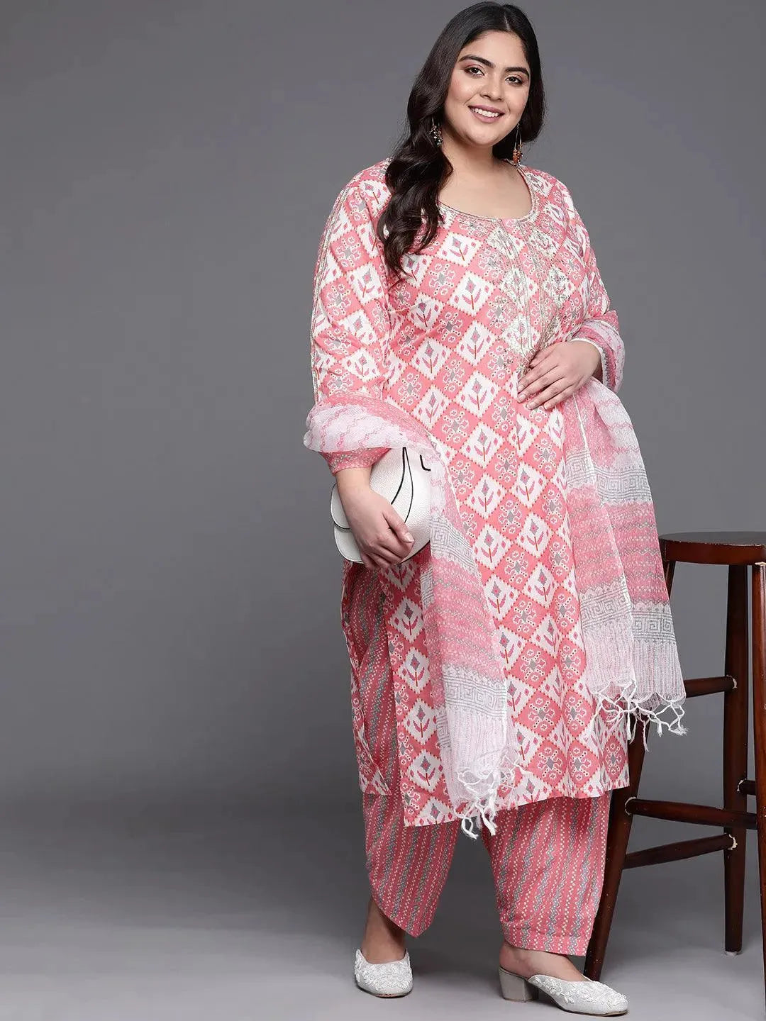 Plus Size Pink Printed Cotton Suit Set - Libas