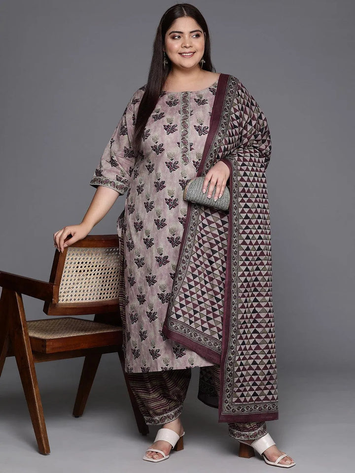 Plus Size Pink Printed Cotton Straight Kurta With Salwar & Dupatta - Libas