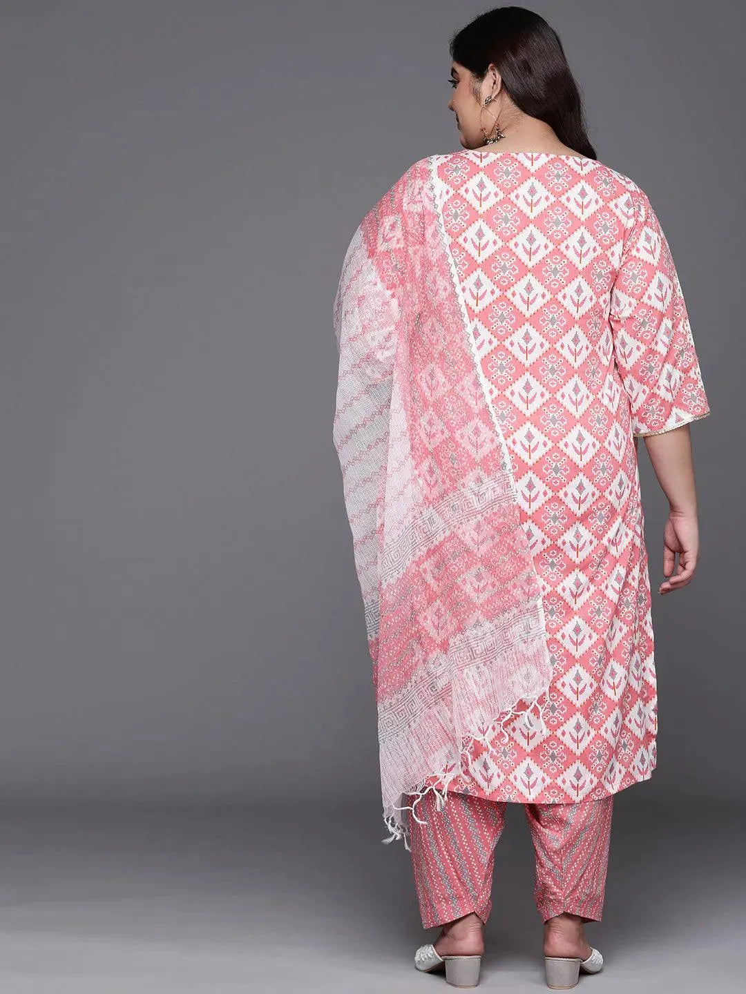Plus Size Pink Printed Cotton Suit Set - Libas 