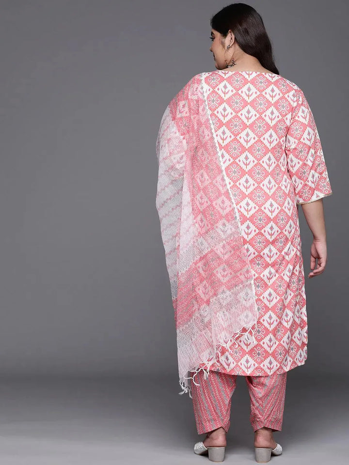 Plus Size Pink Printed Cotton Suit Set - Libas