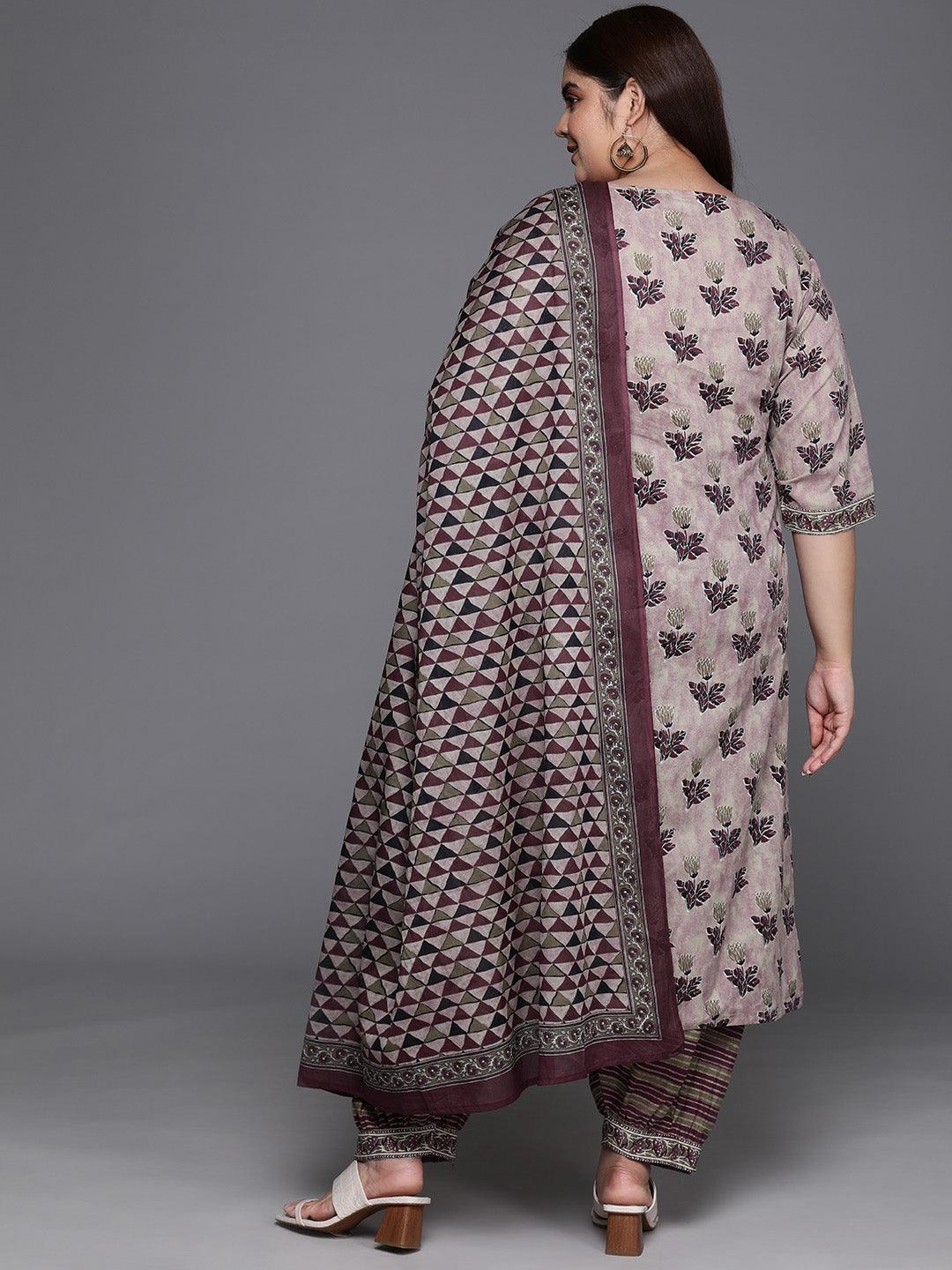 Plus Size Pink Printed Cotton Straight Kurta With Salwar & Dupatta - Libas