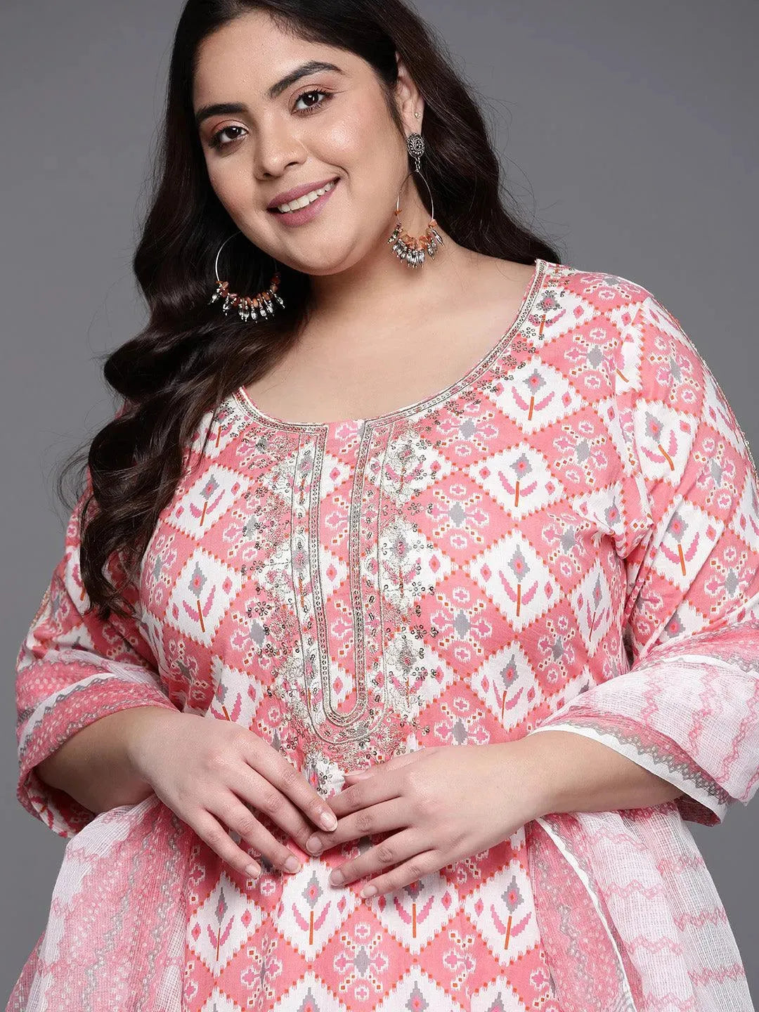 Plus Size Pink Printed Cotton Suit Set - Libas 