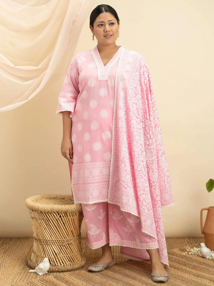 Plus Size Pink Printed Cotton Suit Set - Libas