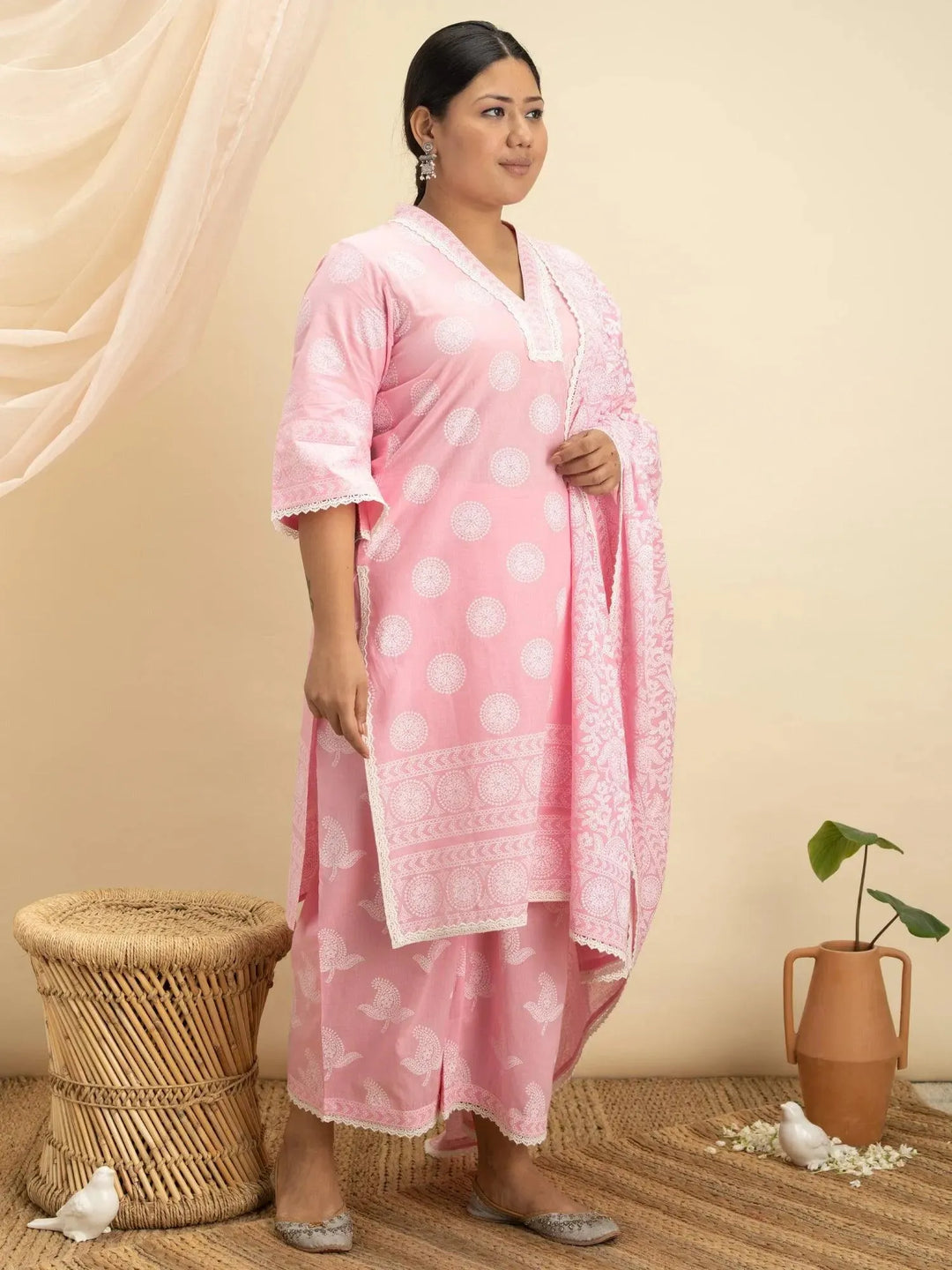 Plus Size Pink Printed Cotton Suit Set - Libas