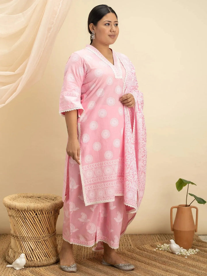 Plus Size Pink Printed Cotton Suit Set - Libas