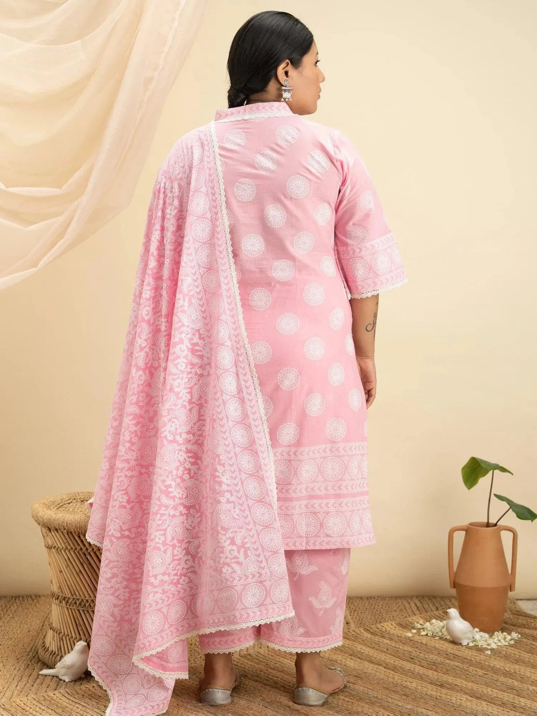 Plus Size Pink Printed Cotton Suit Set - Libas