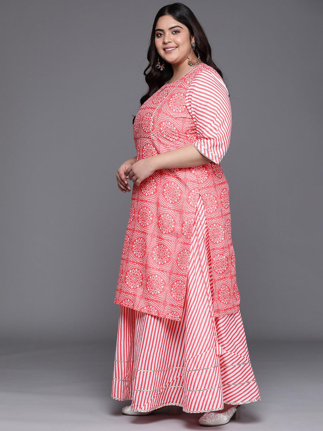 Plus Size Pink Printed Cotton Straight Kurta With Skirt & Dupatta