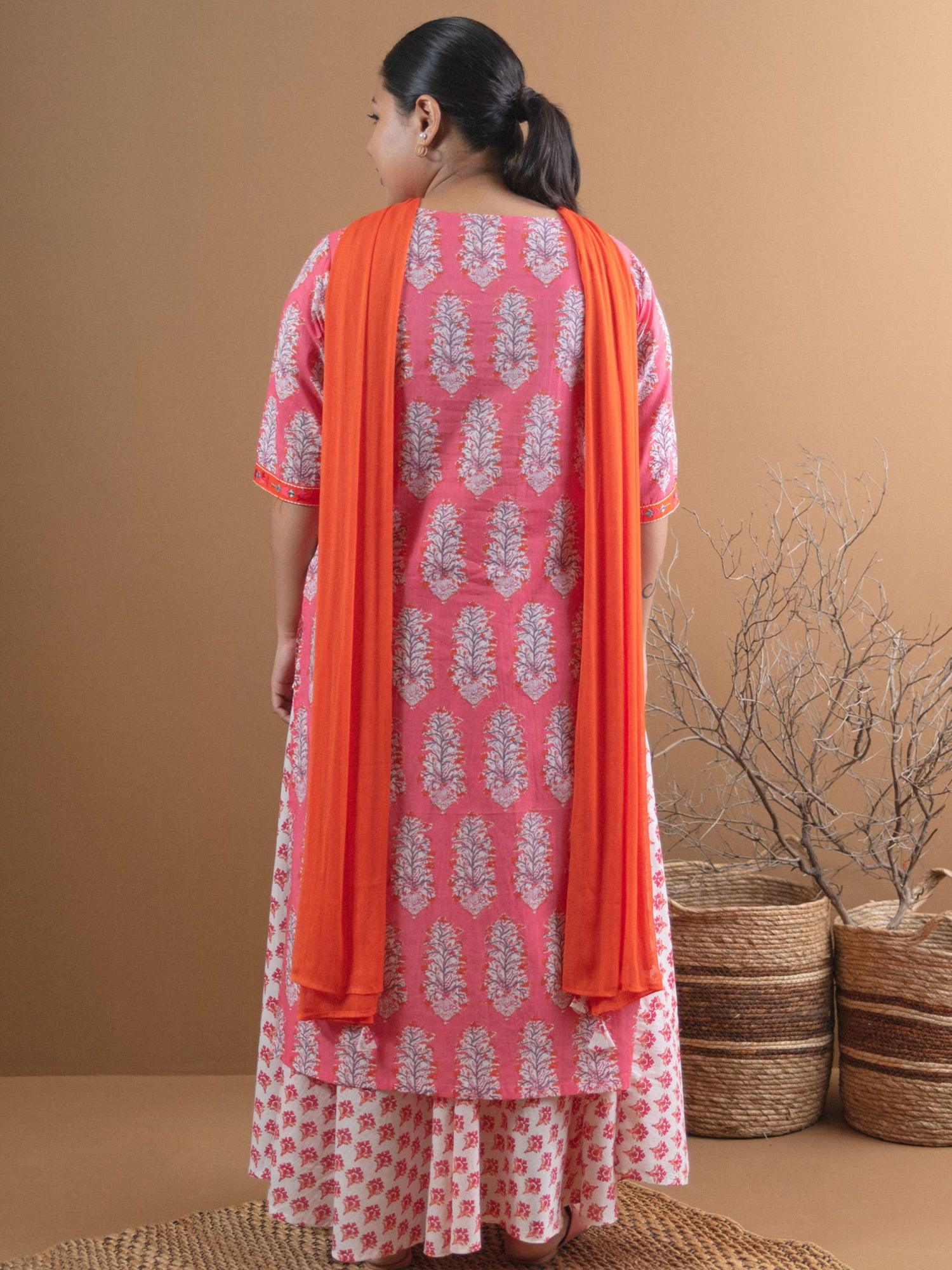 Plus Size Pink Printed Cotton Straight Kurta With Skirt & Dupatta