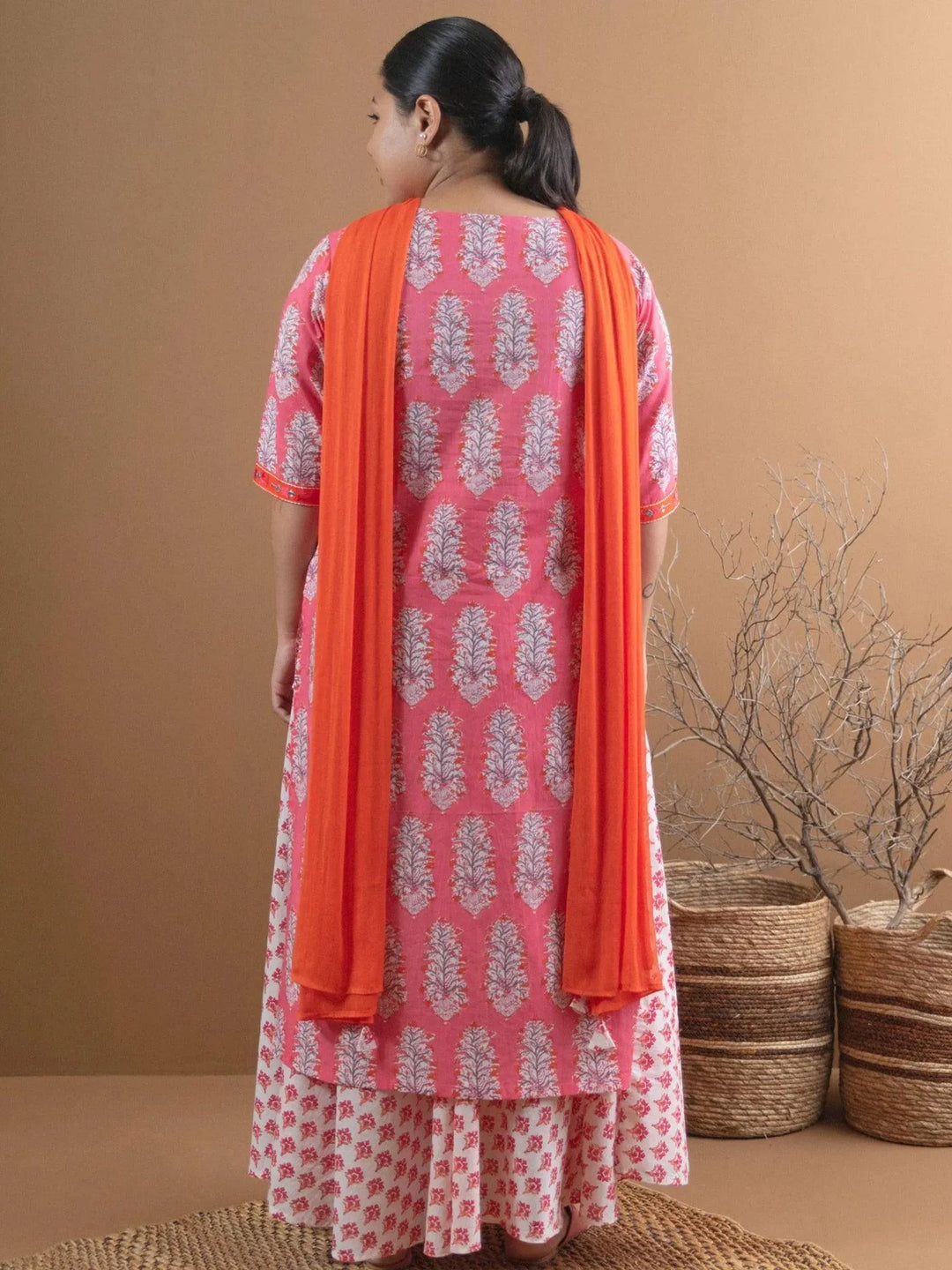 Plus Size Pink Printed Cotton Suit Set - Libas 