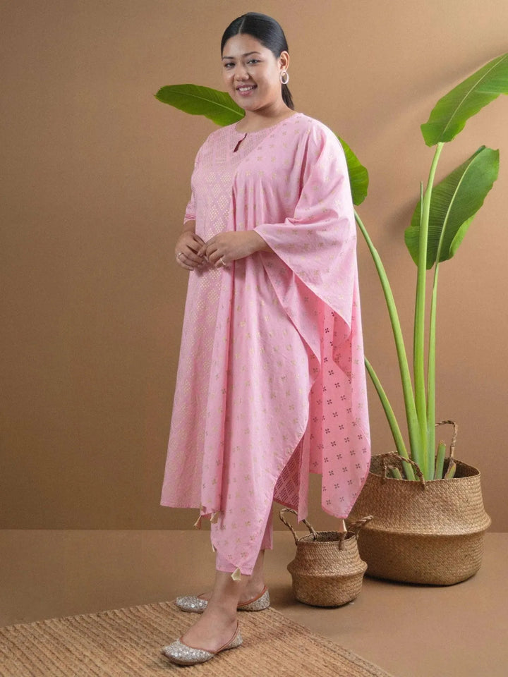 Plus Size Pink Printed Cotton Suit Set - Libas
