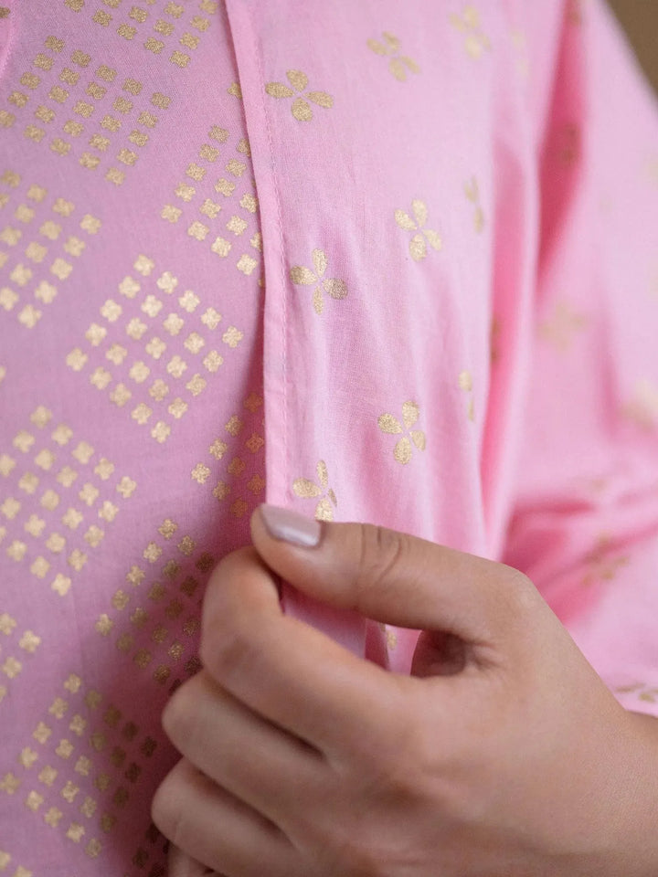 Plus Size Pink Printed Cotton Suit Set - Libas