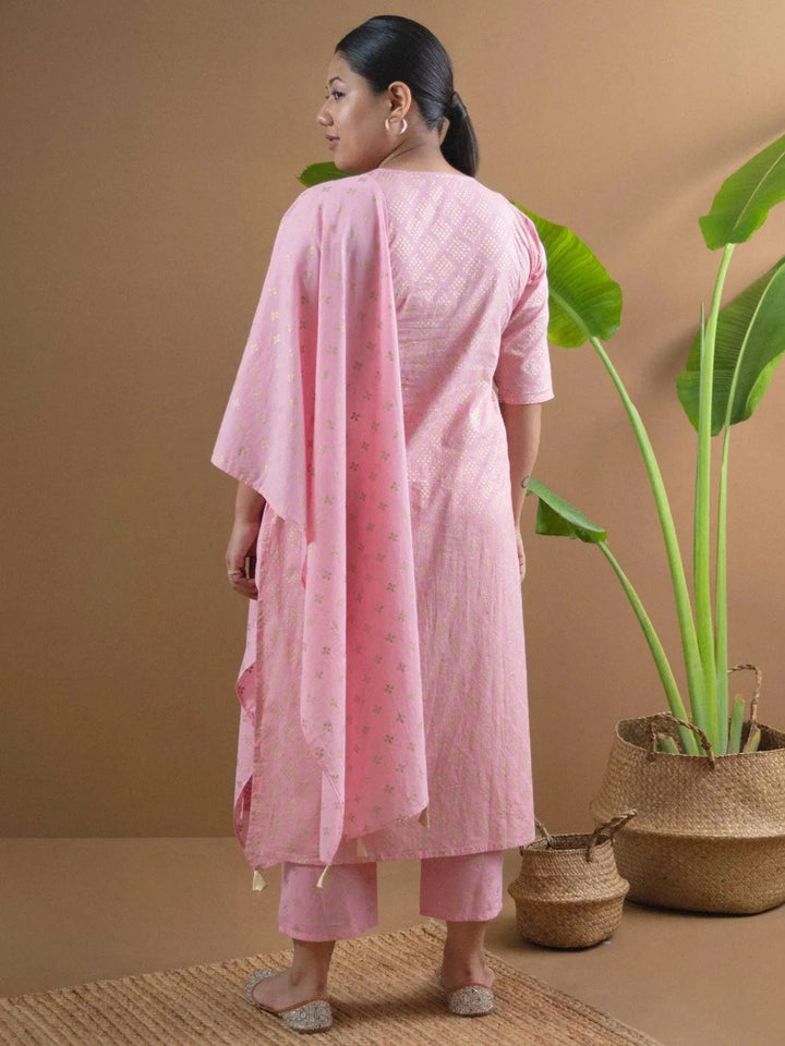 Plus Size Pink Printed Cotton Suit Set - Libas