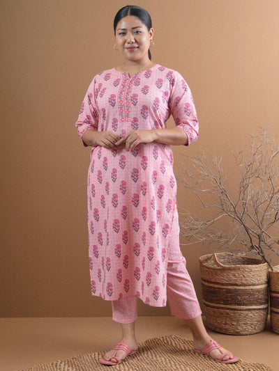 Plus Size Pink Printed Cotton Kurta Set - Libas