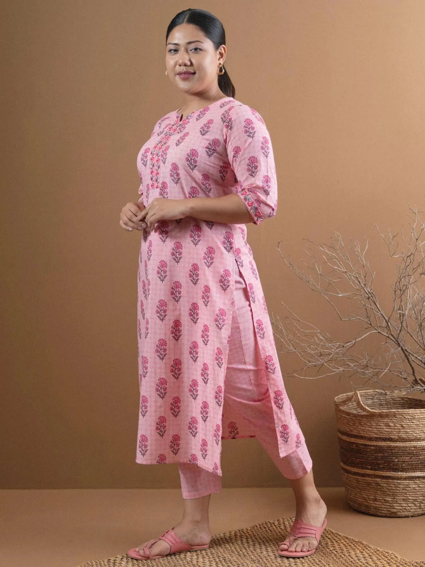 Plus Size Pink Printed Cotton Kurta Set - Libas