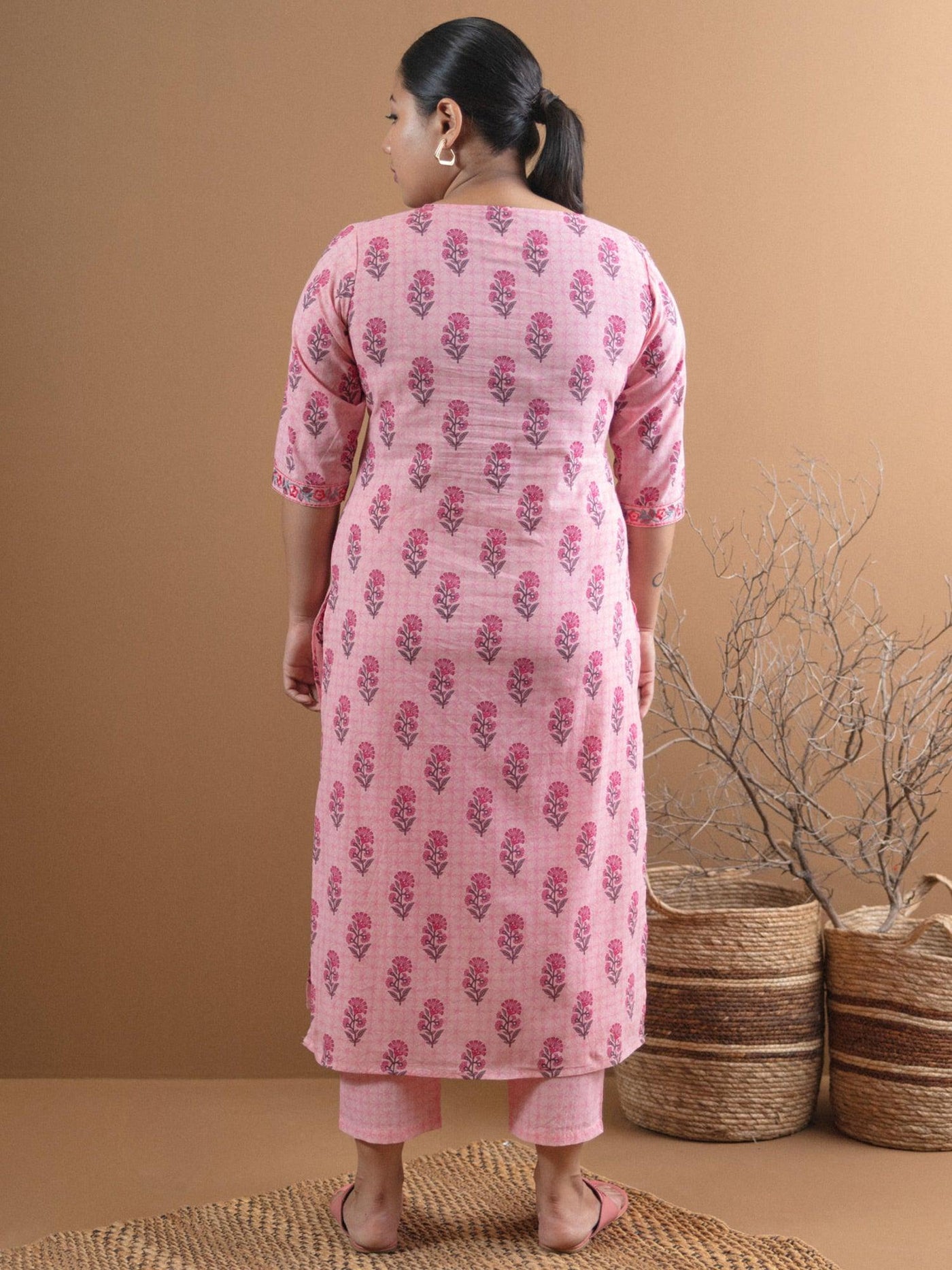 Plus Size Pink Printed Cotton Kurta Set - Libas