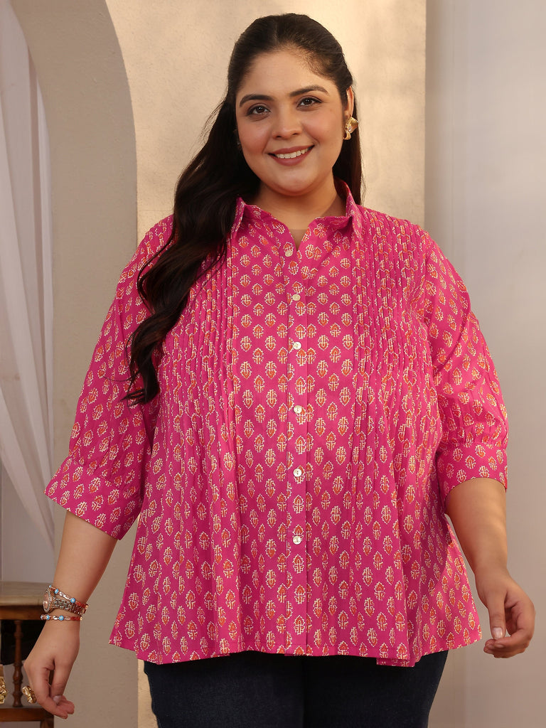 Plus Size Pink Printed Cotton Straight Short Kurti