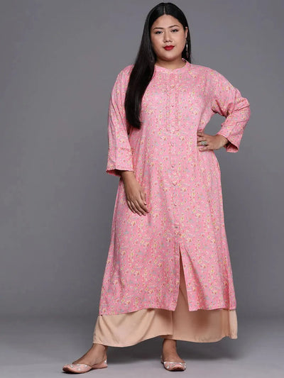 Plus Size Pink Printed Rayon Kurta - Libas