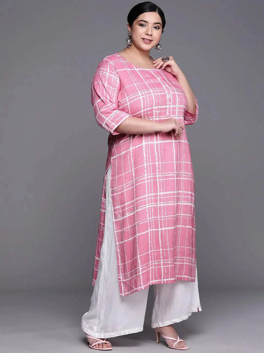 Plus Size Pink Printed Rayon Kurta - Libas