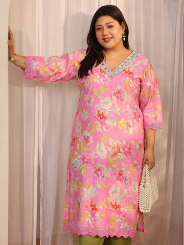 Plus Size Pink Printed Silk Blend Straight Kurta
