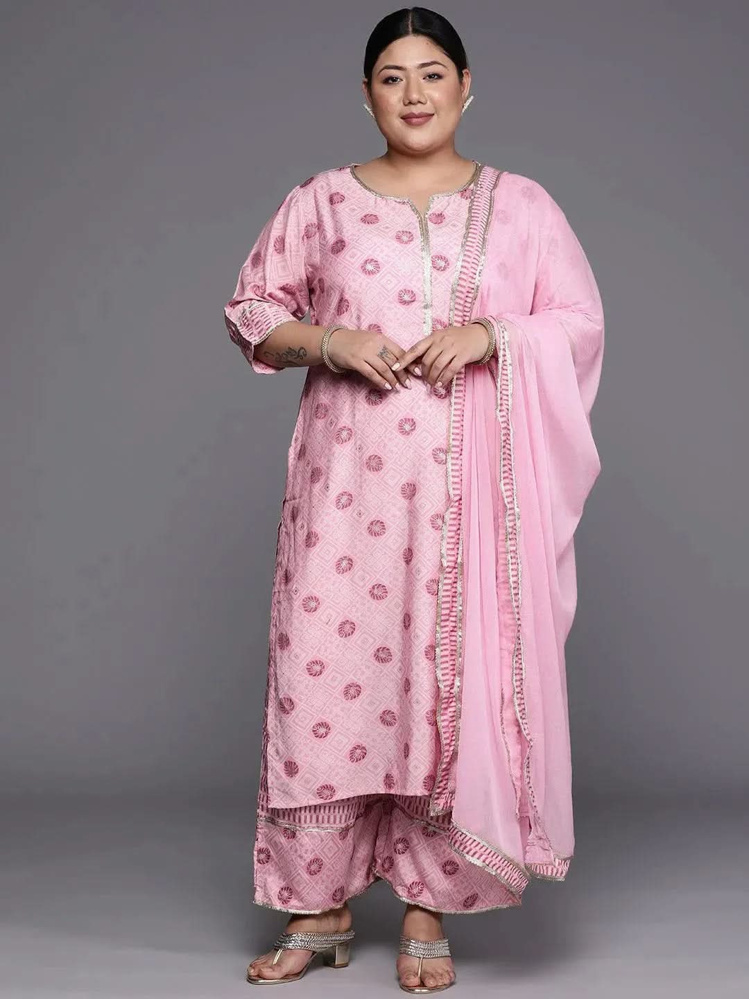 

Plus Size Pink Printed Silk Blend Straight Kurta With Dupatta