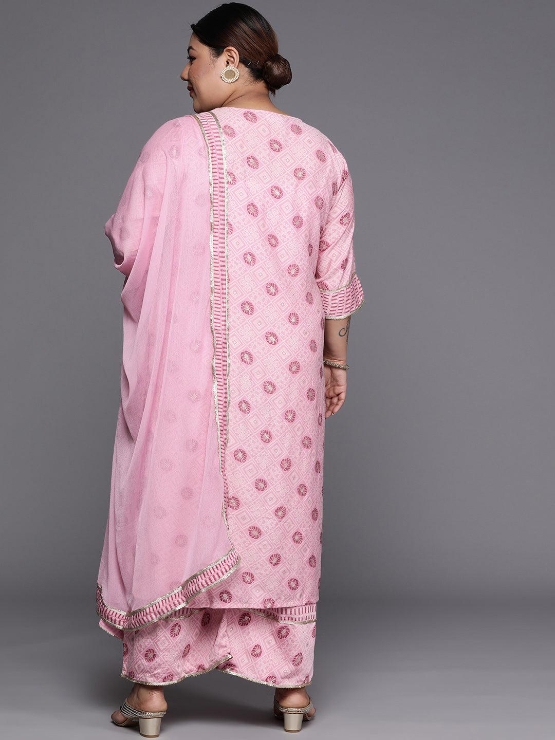 Plus Size Pink Printed Silk Blend Straight Kurta With Dupatta