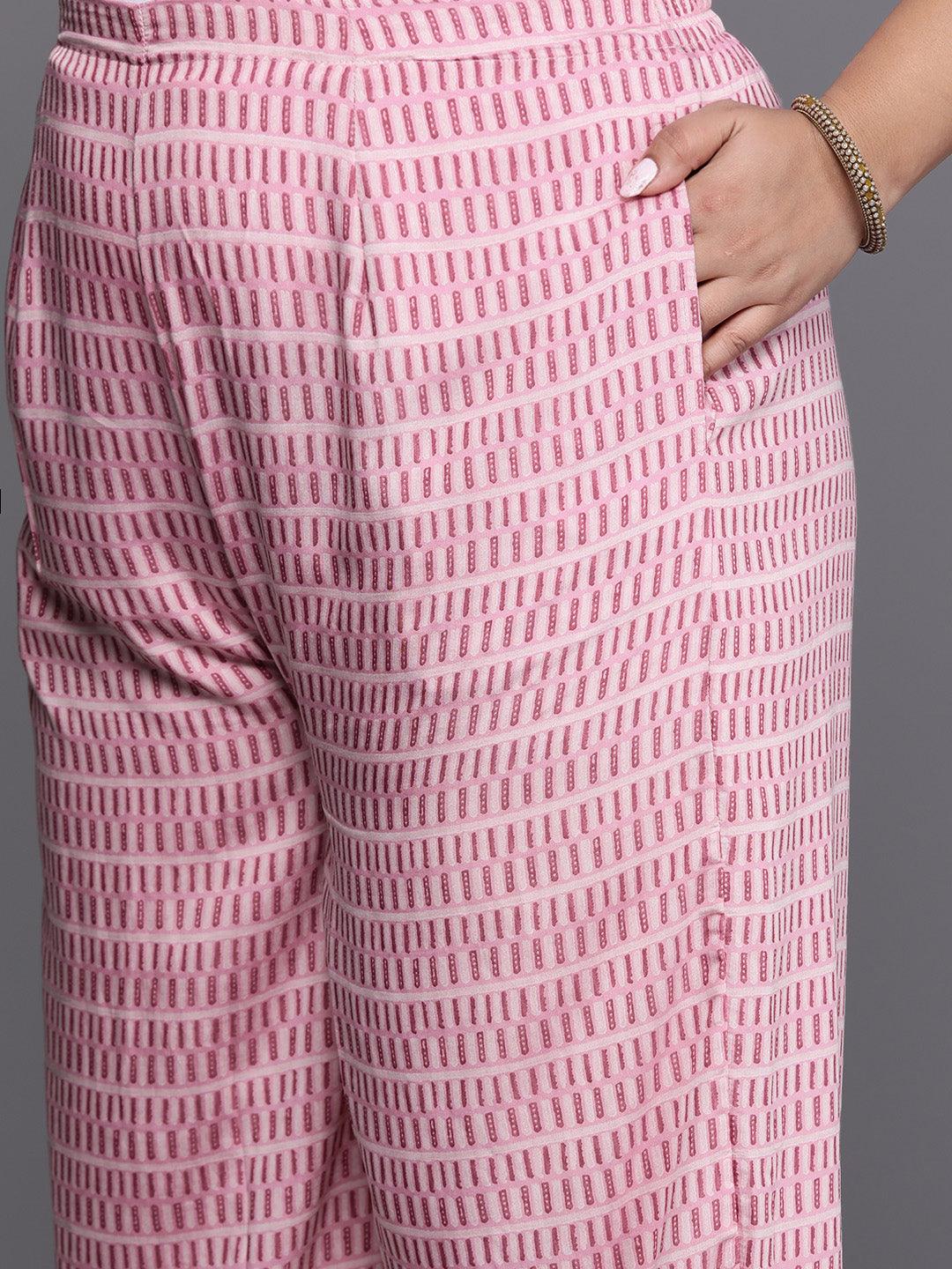 Plus Size Pink Printed Silk Blend Straight Kurta With Dupatta