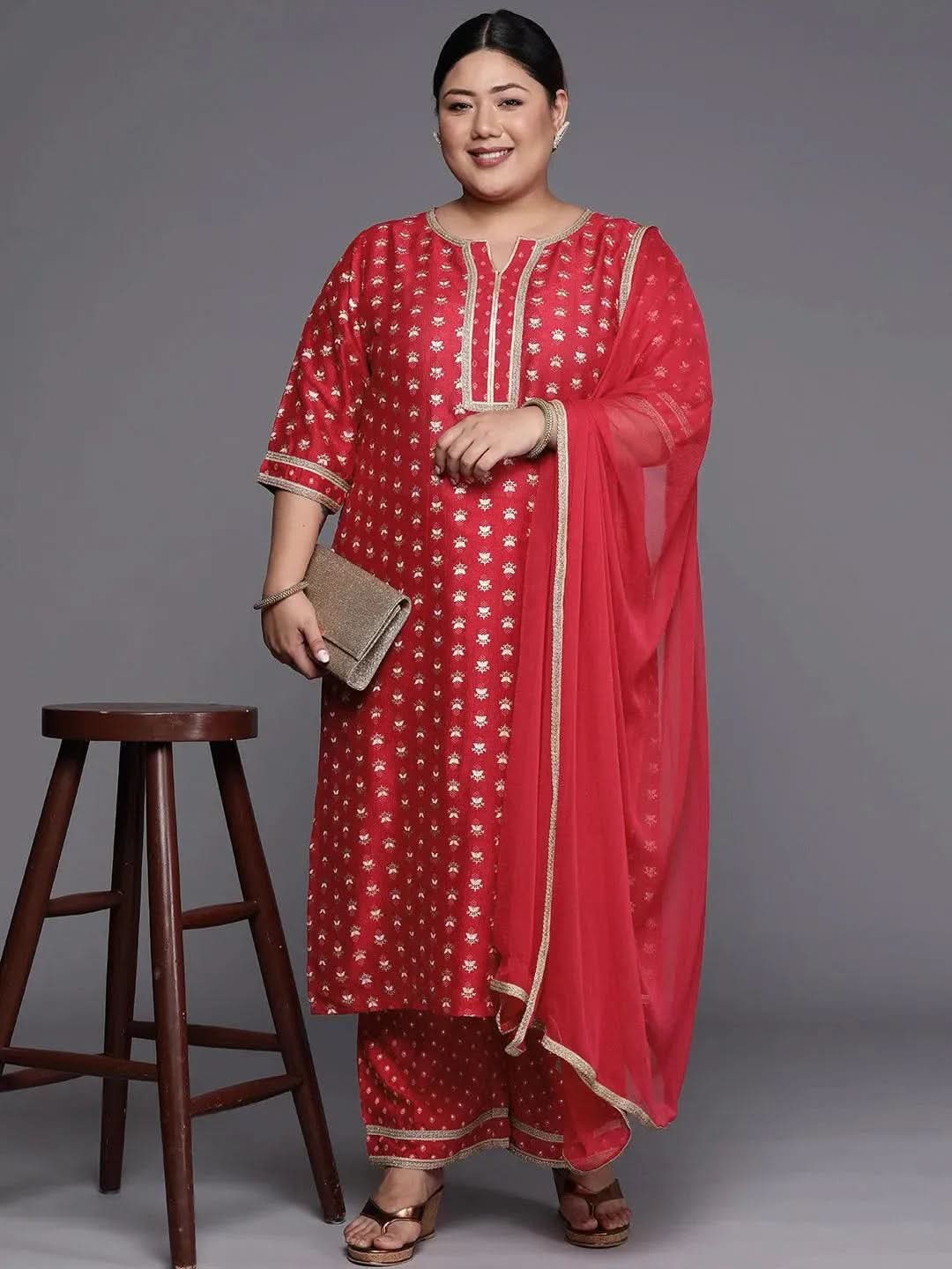 Plus Size Pink Printed Silk Blend Straight Suit Set - Libas 