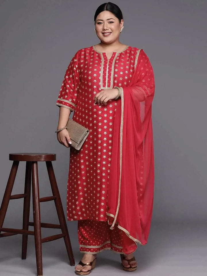 Plus Size Pink Printed Silk Blend Straight Suit Set - Libas
