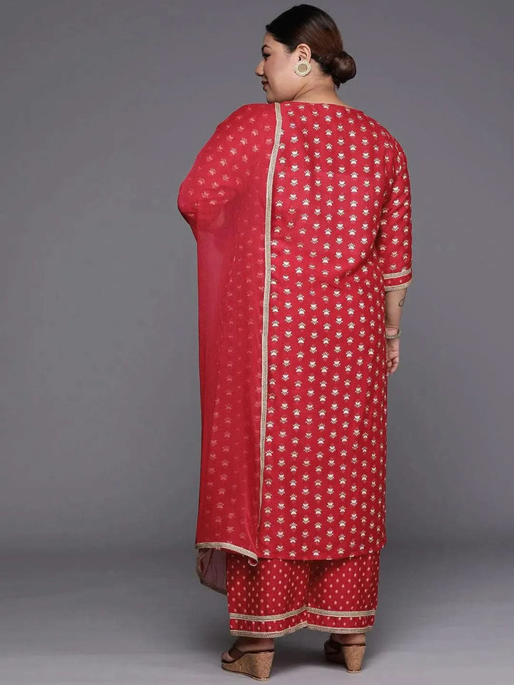Plus Size Pink Printed Silk Blend Straight Suit Set - Libas