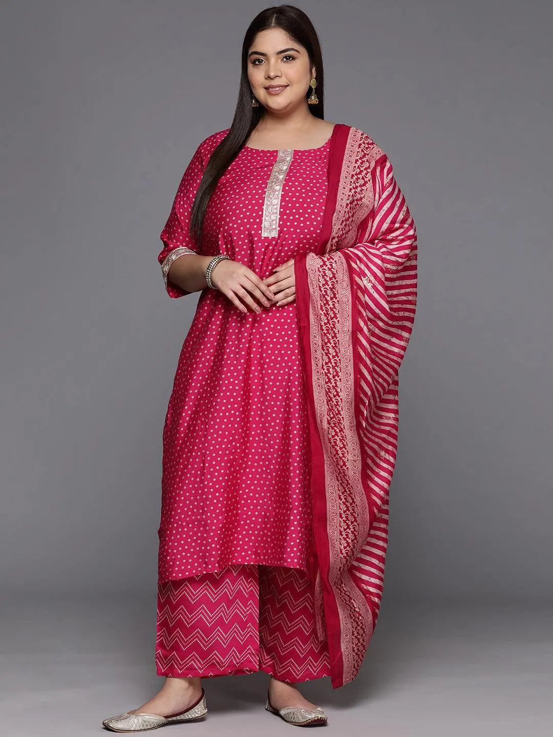 Plus Size Pink Printed Silk Blend Straight Kurta With Trousers & Dupatta - Libas 