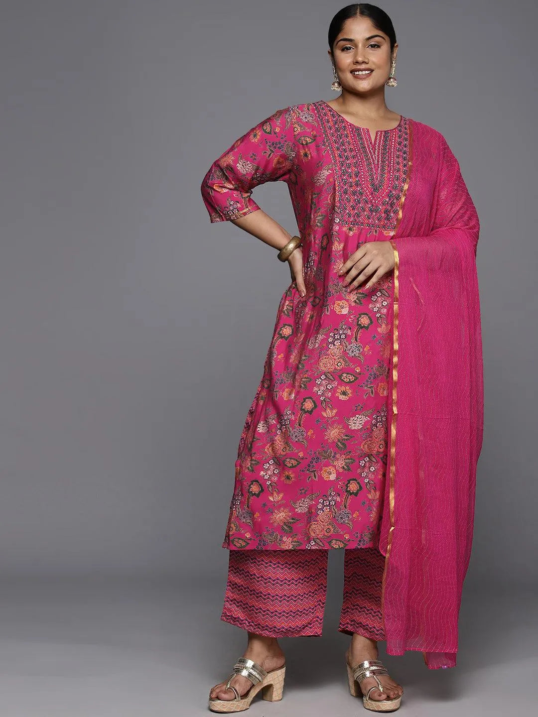Plus Size Pink Printed Silk Blend Straight Kurta With Trousers & Dupatta - Libas 