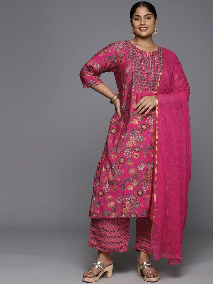 Plus Size Pink Printed Silk Blend Straight Kurta With Trousers & Dupatta - Libas